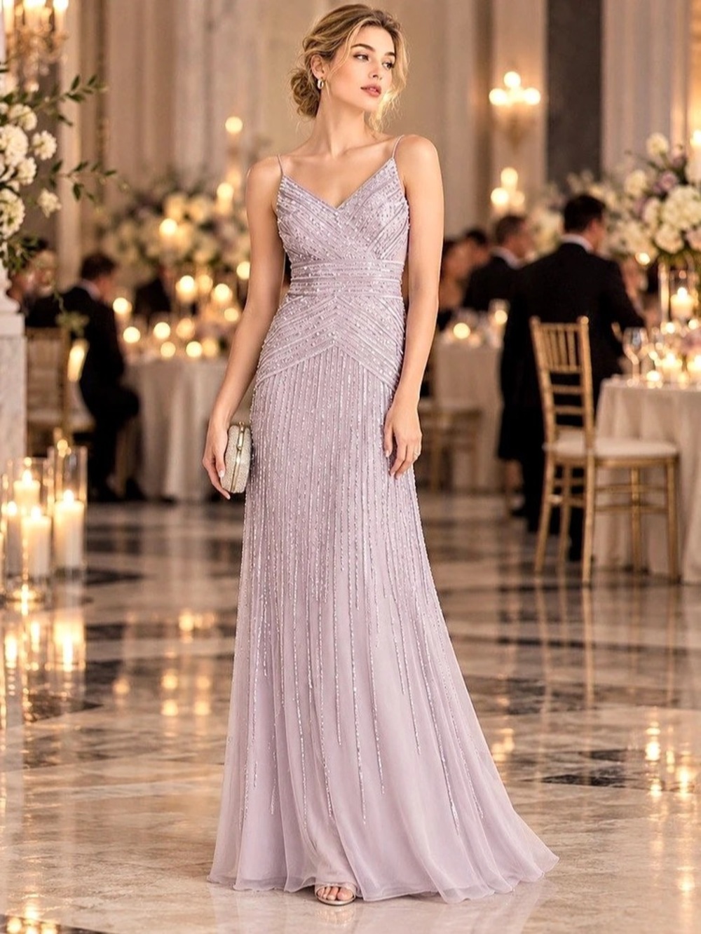Adrianna Papell Platinum Beaded Gown Size 12 Dusty Lavender Discontinued Color